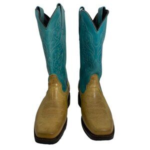 Masterson Boot Womens 8.5M Western Cowboy Boots Tan Turquoise Leather Square Toe